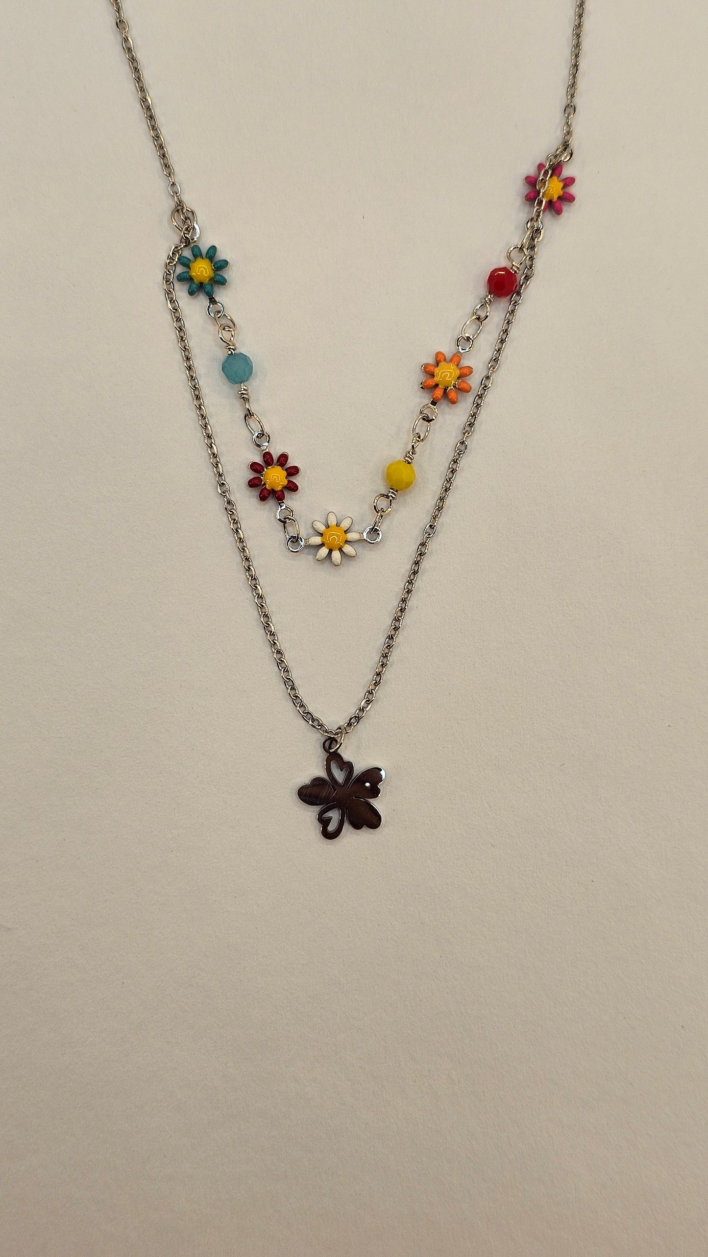 Colar duplo com flores personalizado em Aço inox